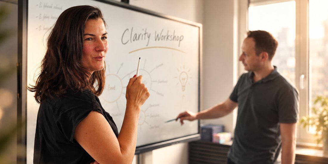 Isidora Grau am Whiteboard im Clarity-Workshop